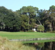 The par-5 13th green on the Hills Course at Palmetto Dunes Resort is guarded by water in front.